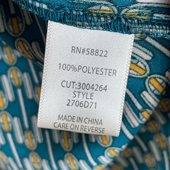 Max Studio Womens Small Geometric V Neck Peplum Blouse Teal White Yellow Shirt - Picture 7 of 13